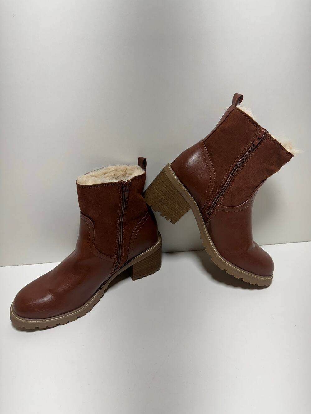 Chunky Block Heel Women’s Faux Fur Lined Ankle Boots Sz 9.5 Camel Brown